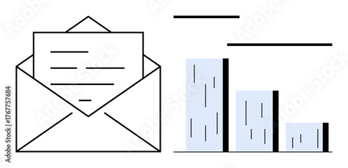 Open envelope with text content alongside a bar chart, emphasizing data, communication, and analytics. Ideal for marketing, business strategy, analysis, reporting, email metrics productivity simple