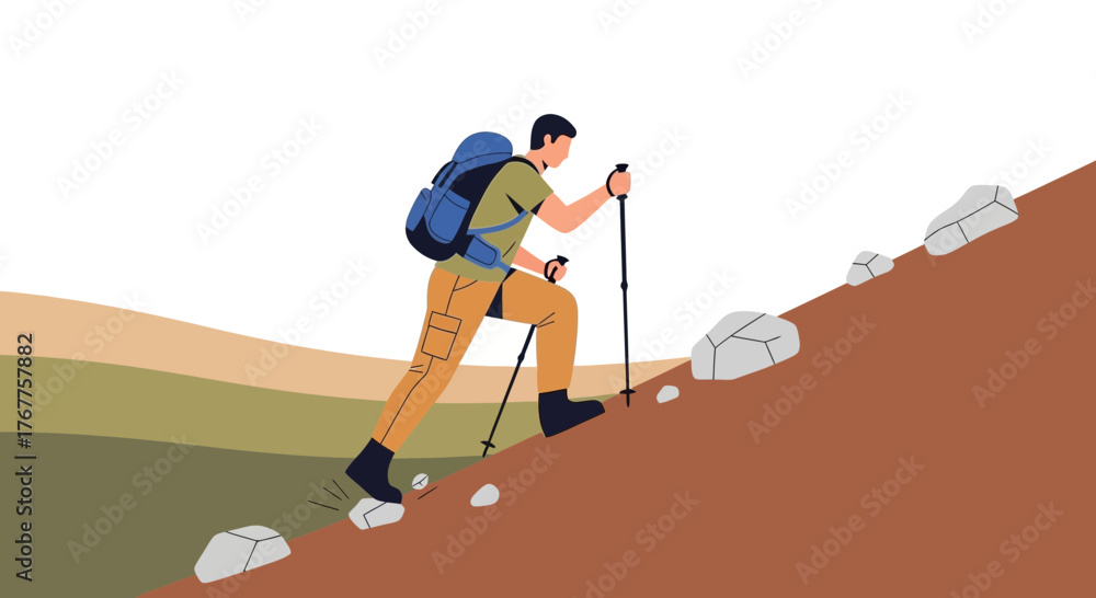 Obraz premium Adventurous Hiker Ascending a Steep Terrain With Hiking Poles in Beautiful Nature Setting