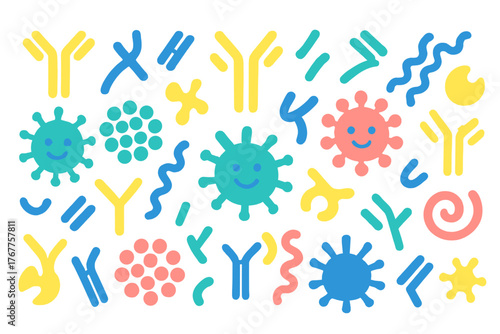 Colorful abstract pattern of antibodies and viruses representing immunology and microbiology