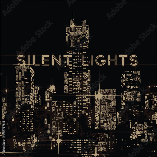 Golden cityscape at night with modern skyscrapers and bright lights