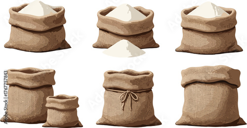 Burlap sacks with flour, powdered food storage, rustic packaging, grain bags, bulk material, kitchen supply, cartoon vector, agricultural concept, dry goods, warehouse stock