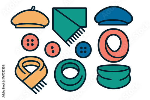 Colorful collection of autumn and winter fashion accessories including berets, various scarves, and sewing buttons