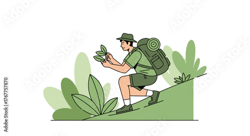 Adventurous Explorer Investigates Flora While Hiking Across Hills and Discovering Nature