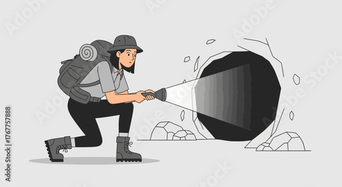 Adventurous Explorer Investigating a Dark Cave Exploring a Hidden Unknown Interior Space