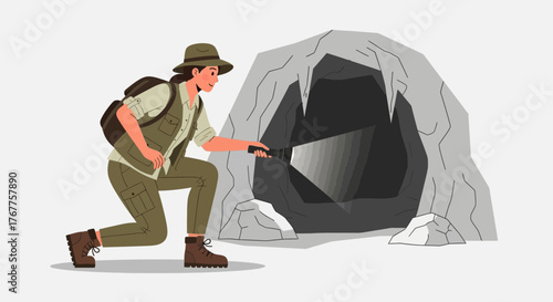 Adventurous Explorer Investigating a Dark Enclosure with a Flashlight Illuminated View