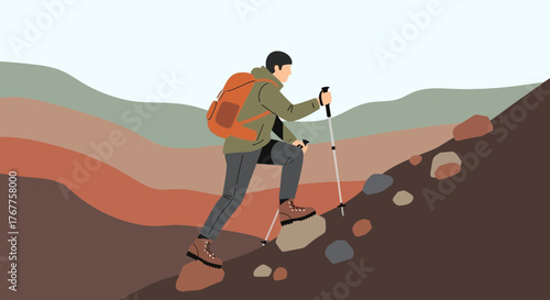 Adventurous Hiker Ascending Rocky Terrain, Depicting Exploration and Determination