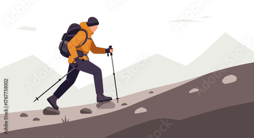 Adventurous Hiker Ascends Mountain, Bravely Hiking Upwards, Reaching Elevation
