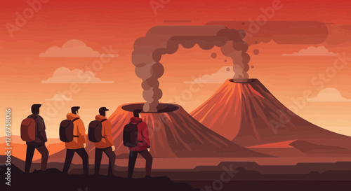 Adventurous Explorers Observing Active Volcanoes Under A Vivid Orange Sky At Sunset