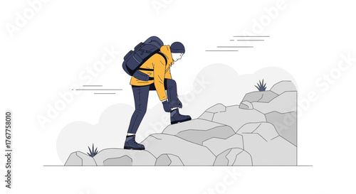 Adventurous Hiker Ascending Rocky Terrain, Preparing For a Challenging Climb