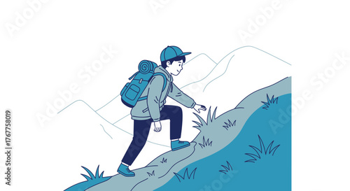 Adventurous Hiker Ascends Hillside Path, Facing Mountain Peaks In Scenic Landscape