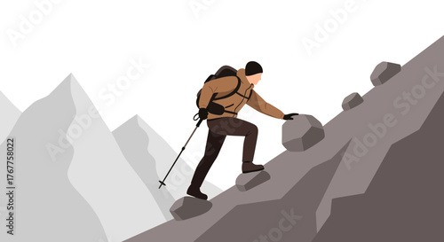 Adventurous Hiker Ascending Rocky Terrain towards Mountains Peaks with Equipment for Expedition