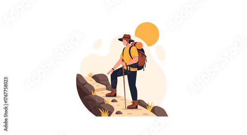 Adventurous Hiker Ascending Rocky Terrain Under Bright Sun For Outdoor Exploration Activities