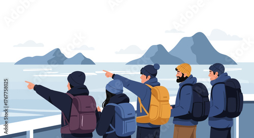 Adventurous Explorers Observing Majestic Mountains And The Serene Waterscape