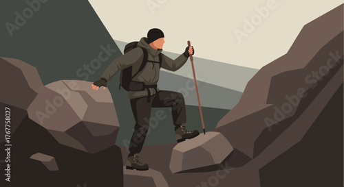 Adventurous Hiker Ascending Rocky Terrain, Displaying Determination and Perseverance