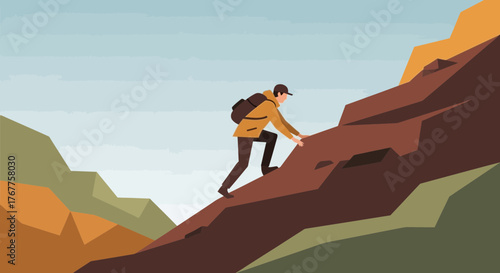 Adventurous Hiker Ascending Steep Mountain Cliff, Achieving The Summit, Challenging Heights