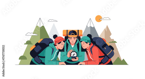 Adventurous Explorers Consult Navigational Tool Amongst Majestic Mountain Landscape