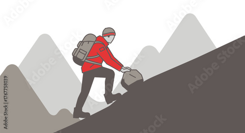 Adventurous Hiker Ascends Rocky Terrain with a Backpack and Determination