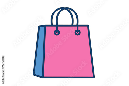 Bright pink and blue shopping bag with thick dark outline symbolizing retail sales and purchasing