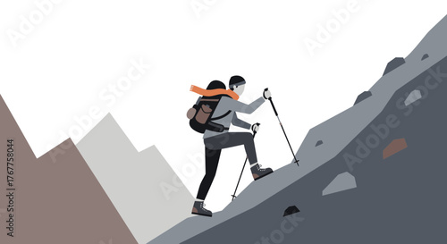 Adventurous Hiker Ascends Rocky Mountain Terrain, Achieving Peak Altitude Destination