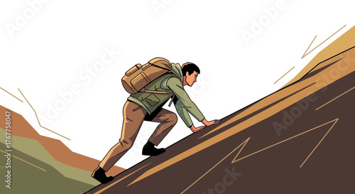 Adventurous Hiker Ascends Steep Terrain, Embracing Challenge and Inspiring Determination