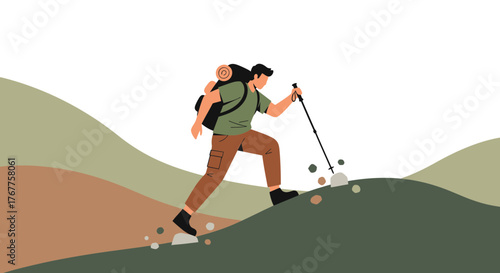 Adventurous Hiker Bravely Scaling Rocky Terrain Towards Peak During Daylight Hours