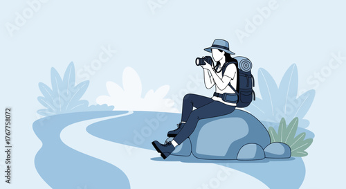 Adventurous Hiker Capturing Scenic Views: Photography, Nature, Exploration Illustration