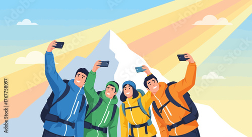 Adventurous Group Capturing Moments During Their Mountain Hiking Expedition Joyfully in Nature