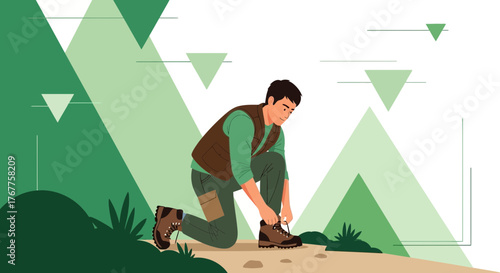 Adventurous Hiker Fastening Boot Laces While Enjoying Green Mountains Scenery Outdoors
