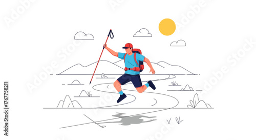 Adventurous Hiker Gallops Along Mountain Trail Under The Warm Sun With Determination And Joy