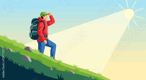 Adventurous Hiker Gazing Towards The Radiant Sun and Achieving His Goals On Mountain