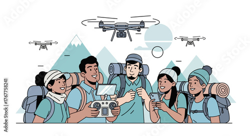 Adventurous Group Piloting Drone High Above Majestic Mountain Range For Expedition Fun
