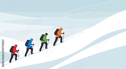 Adventurous Group Snow Hiking Upwards Mountain Against White Background