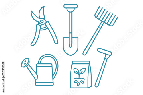 Collection of essential gardening tools and farming equipment including shovel, rake, and shears