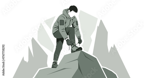 Adventurous Hiker Adjusting Boot Laces On A Mountainside Ready For The Ascent