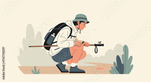 Adventurous Hiker Observing Insect Detailed on Walking Stick During Outdoor Hike Exploration