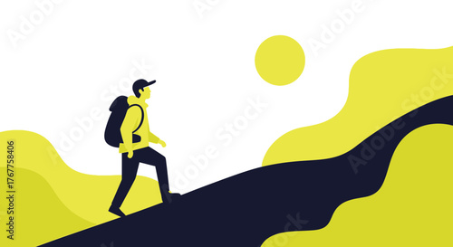 Adventurous Hiker Ascending a Steep Pathway Towards Bright Sunshine and Excitement