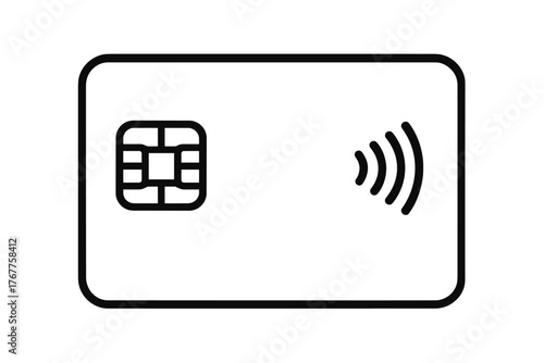 Minimalist black and white secure bank card with integrated circuit chip and contactless payment waves