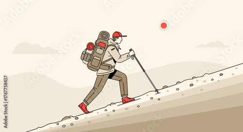 Adventurous Hiker Ascending a Steep Slope Under a Dotted Sun For Exploration Goals