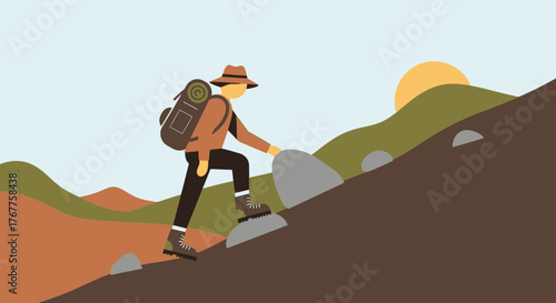 Adventurous Hiker Ascending a Steep Terrain with Backpack Hiking up a Mountain