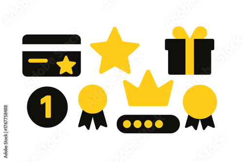 Loyalty program reward symbols including star, crown, gift box, credit card, and achievement badges