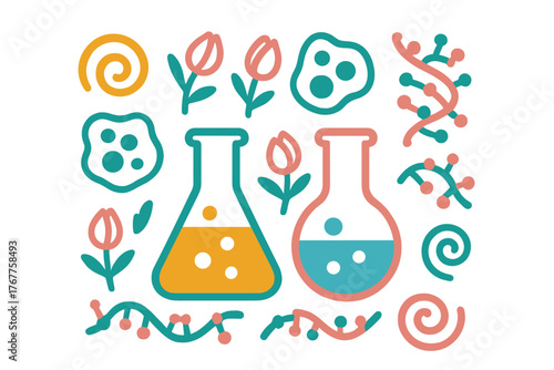 Stylized set of biology and chemistry icons including conical flasks, DNA helix, and floral motifs