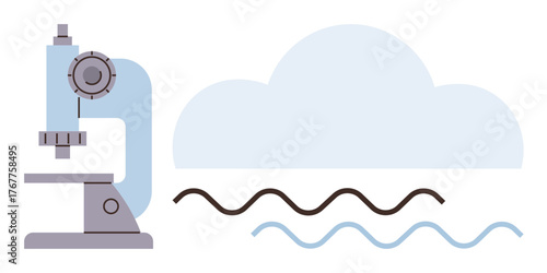 Microscope beside cloud icon and wave patterns, symbolizing scientific research, data analysis, technology, innovation, discovery, connectivity, and cloud computing as a simple flat metaphor