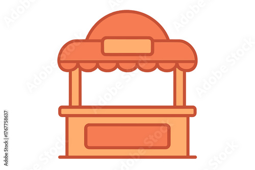 Simple graphic of an empty outdoor market stall or food kiosk with awning and counter