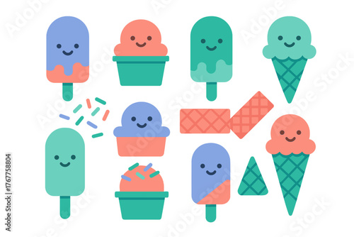 Colorful assortment of smiling frozen treats including ice cream cones popsicles and scoops