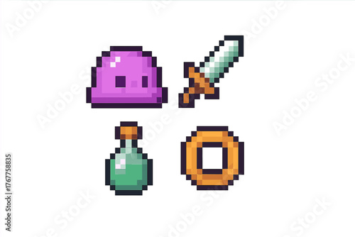 Classic video game items set: magic potion, sharp sword, gold coin, and enemy slime