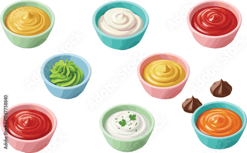 Colorful condiment cups, assorted sauces, dipping variety, food presentation, creamy textures, culinary concept, flavor selection, cartoon style, vector illustration, kitchen art