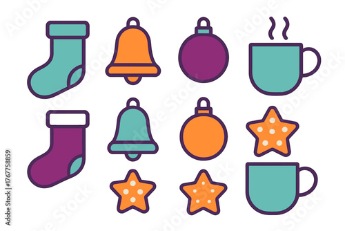 Set of festive holiday symbols featuring stockings, ringing bells, decorative baubles, steaming mugs, and star-shaped cookies