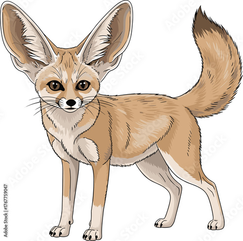 Fennec fox illustration, desert animal, large ears, wildlife vector, cartoon style, alert posture, bushy tail, cute creature, nature concept, zoology art