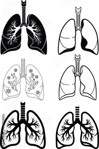 Collection of Human Lung Anatomy Icons Illustrating Healthy Lungs, Illness, and Virus Infection Risk