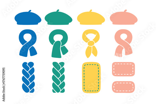 Colorful fashion accessories collection featuring berets, scarves, and braided patterns